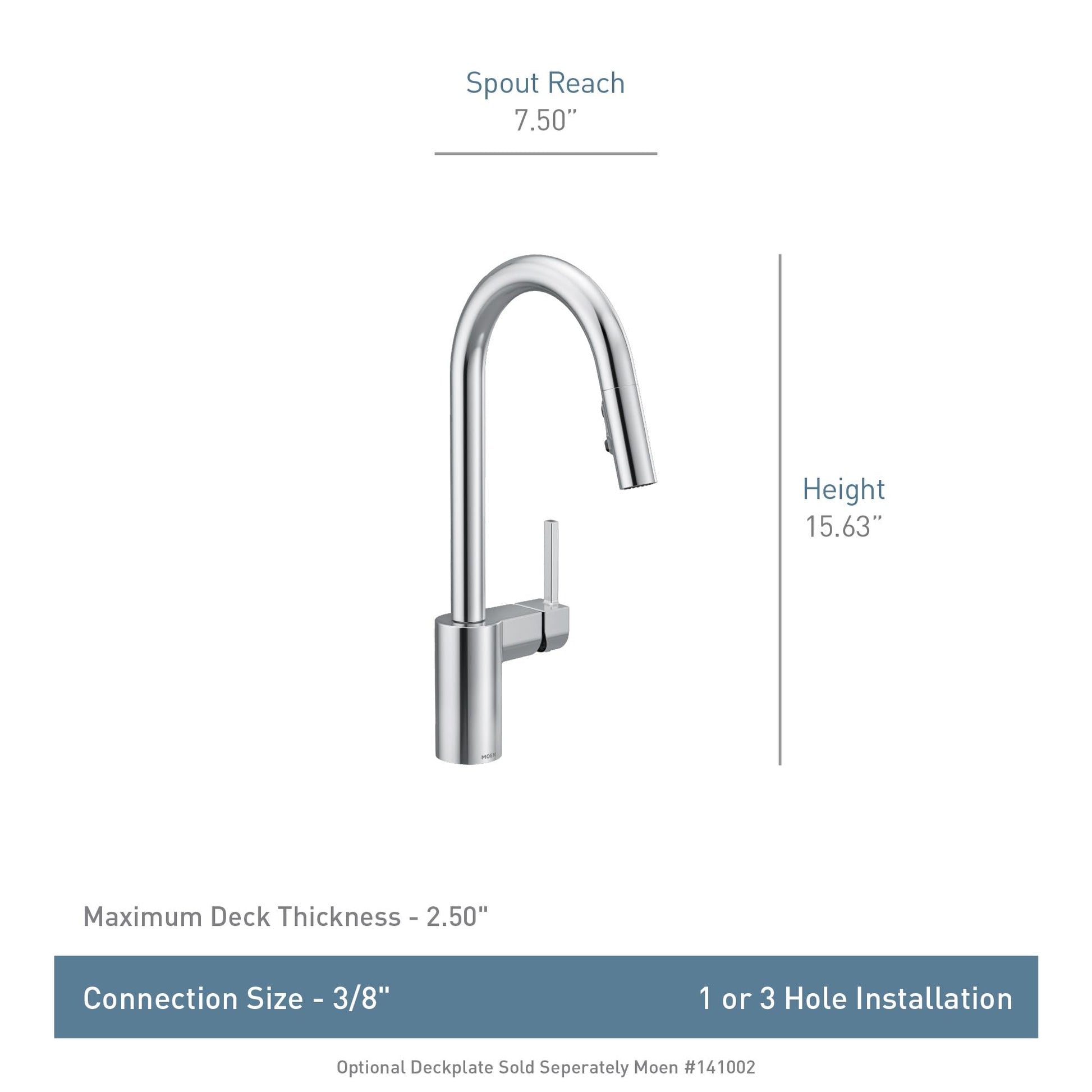 Matte black pulldown kitchen faucet with single handle, curved spout, 7.50" reach, and 15.63" height.