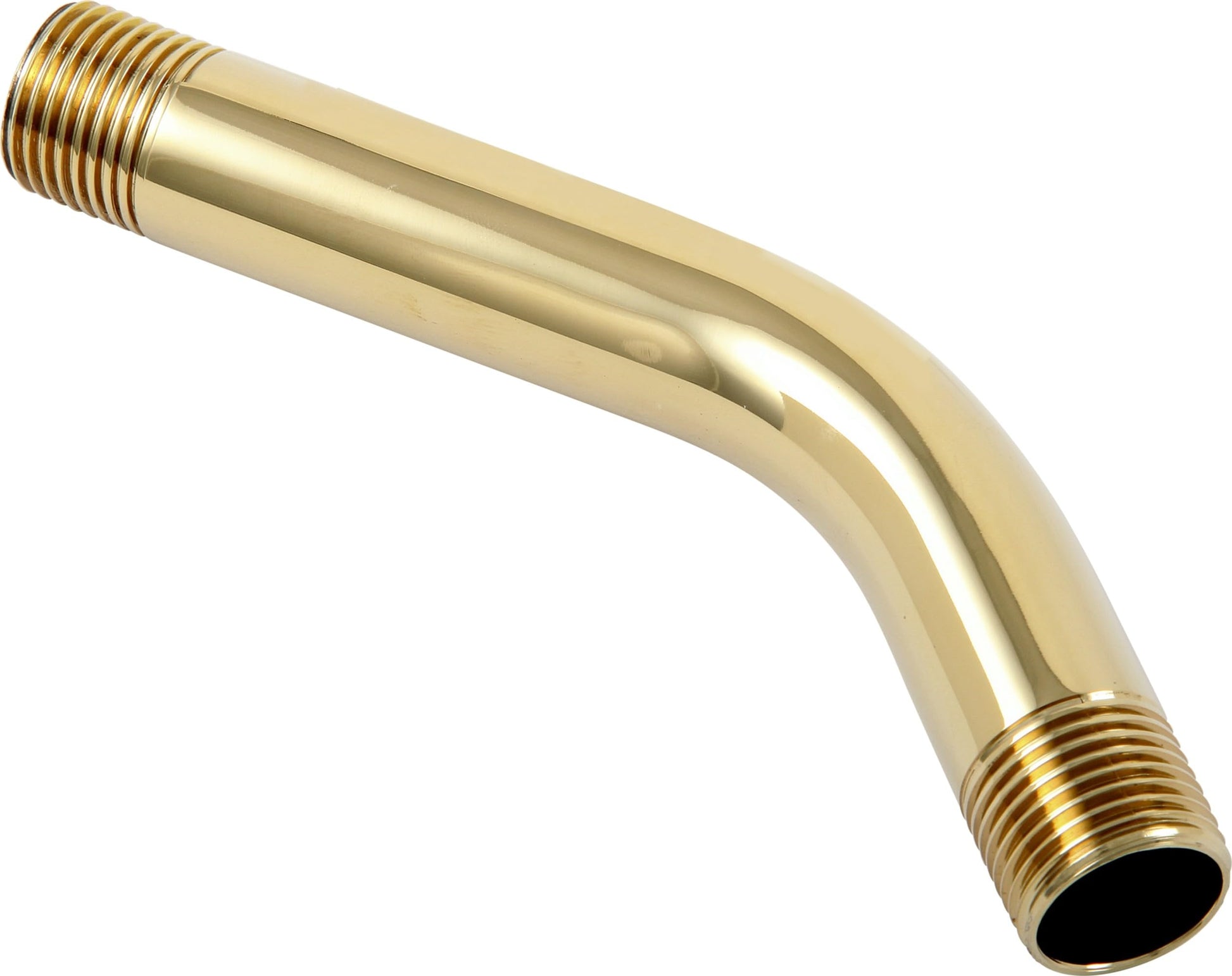 Polished brass shower arm with angled elbow design and threaded connections at both ends.