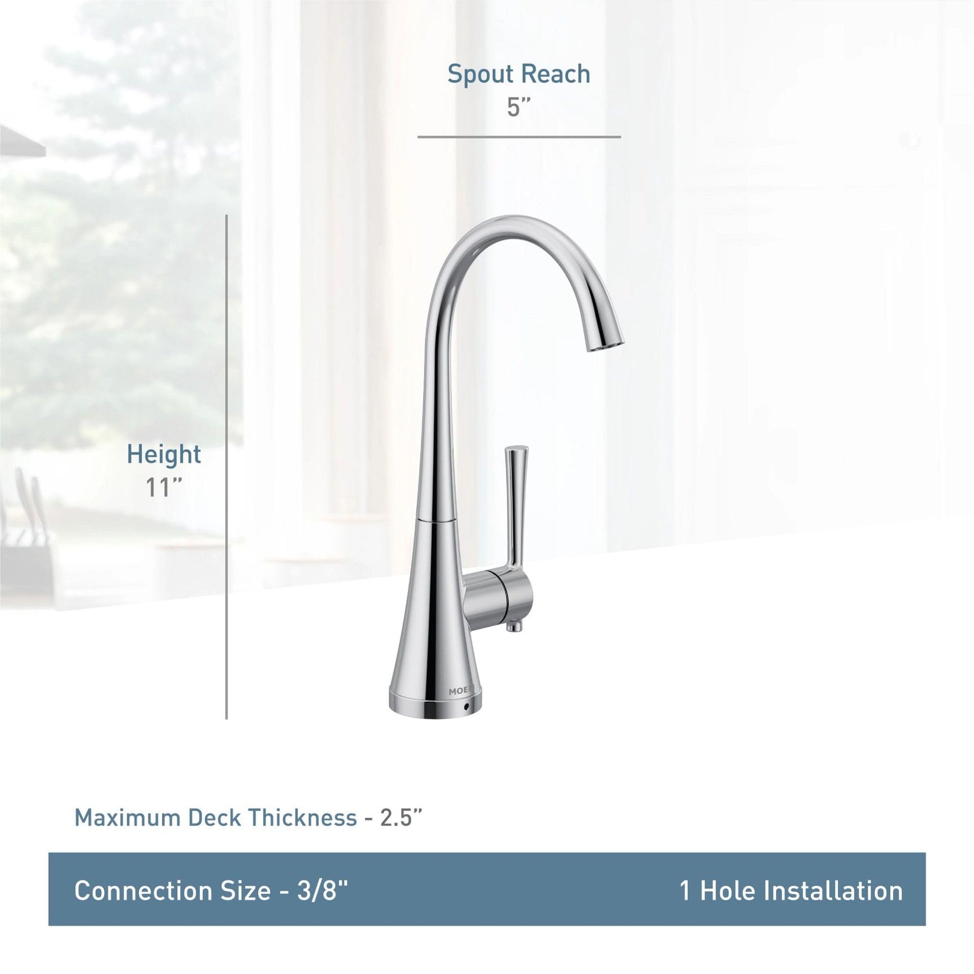 Moen Kurv matte black high arc beverage faucet with single handle and 5" spout reach, 11" height.
