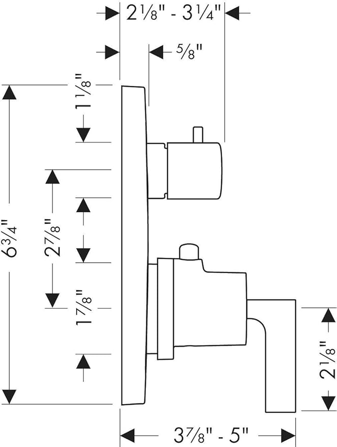 Chrome thermostatic shower trim with two control handles and diverter valve, shown in technical dimension drawing.