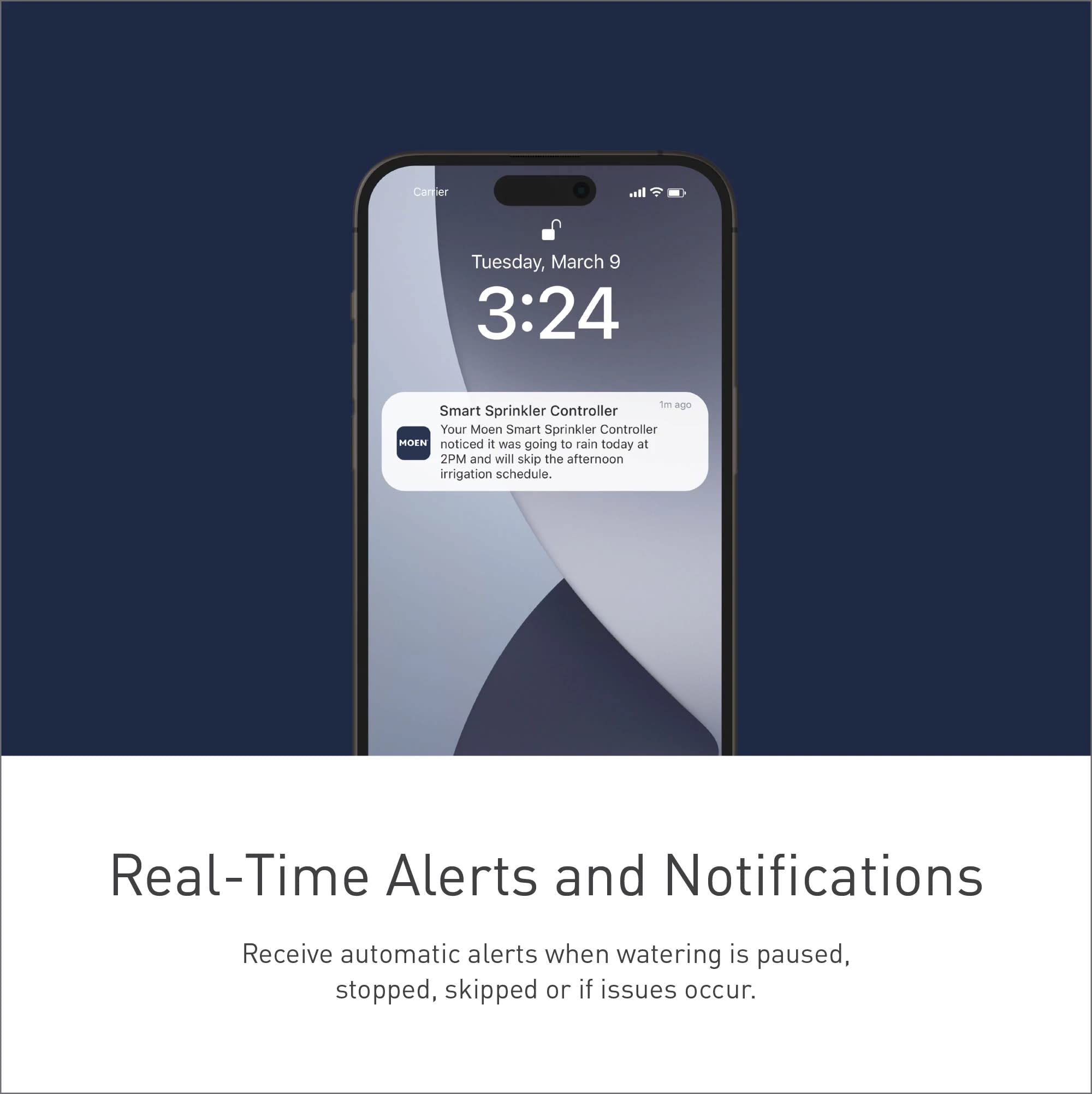 Smartphone displaying Smart Sprinkler Controller notification alert about scheduled irrigation on lock screen.