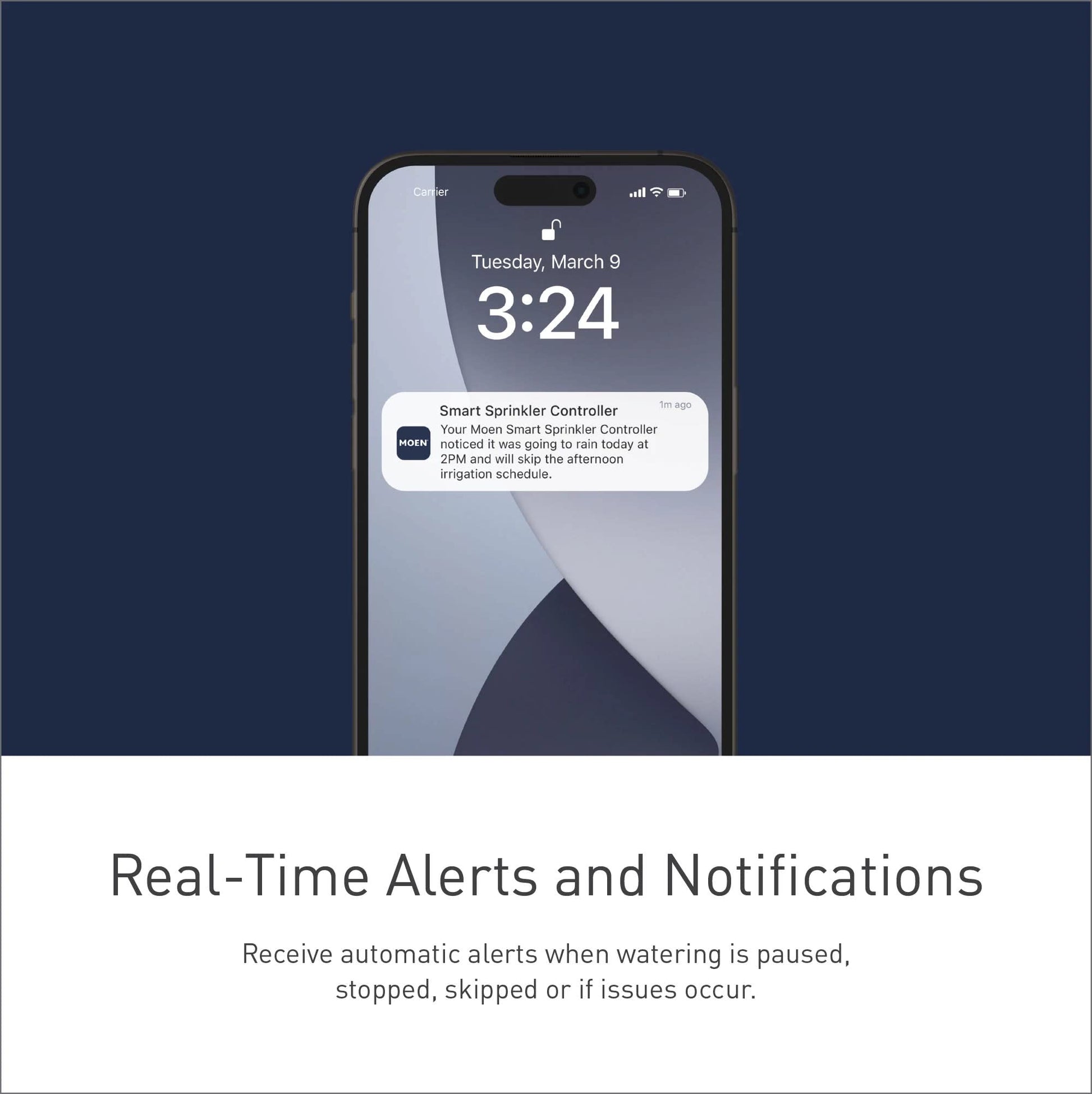 Smartphone displaying Smart Sprinkler Controller notification about irrigation schedule on lock screen.