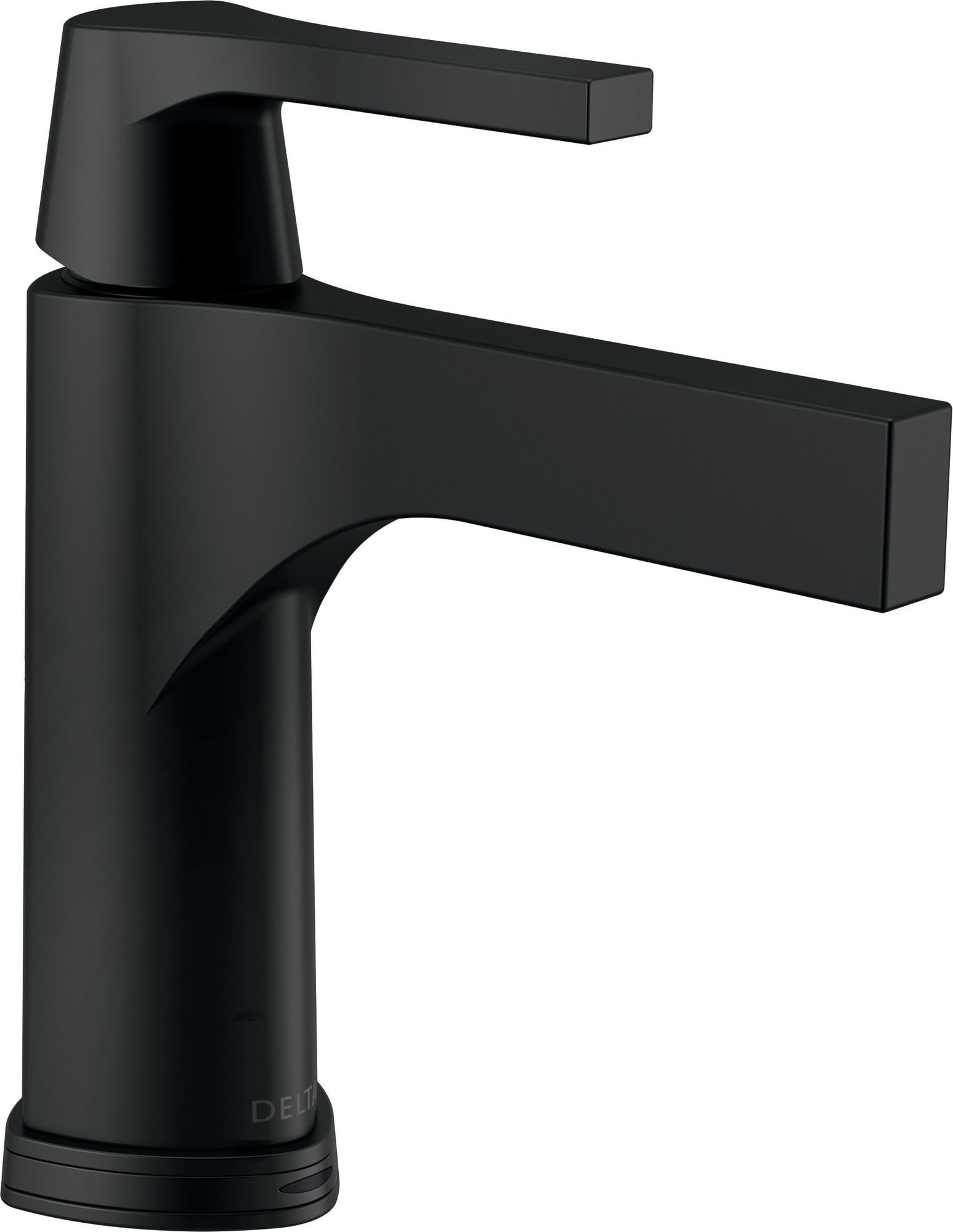 Black bathroom faucet with single spout and curved handle against white background.