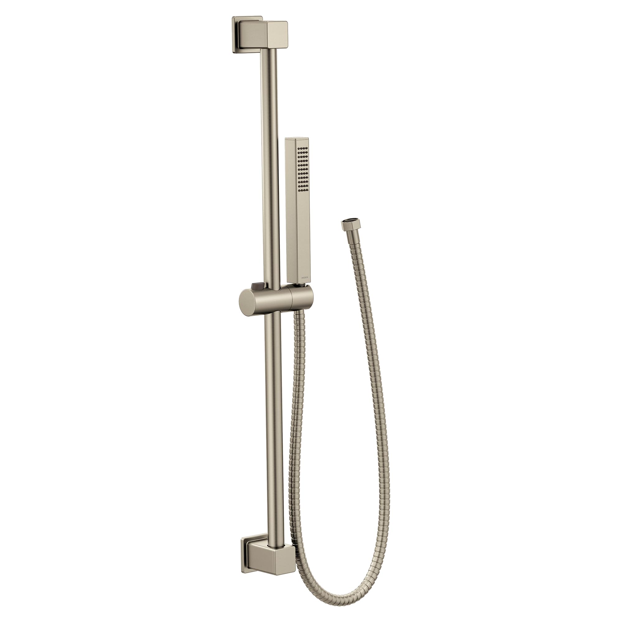 Brushed nickel hand shower with 30-inch slide bar, adjustable holder, and flexible hose.