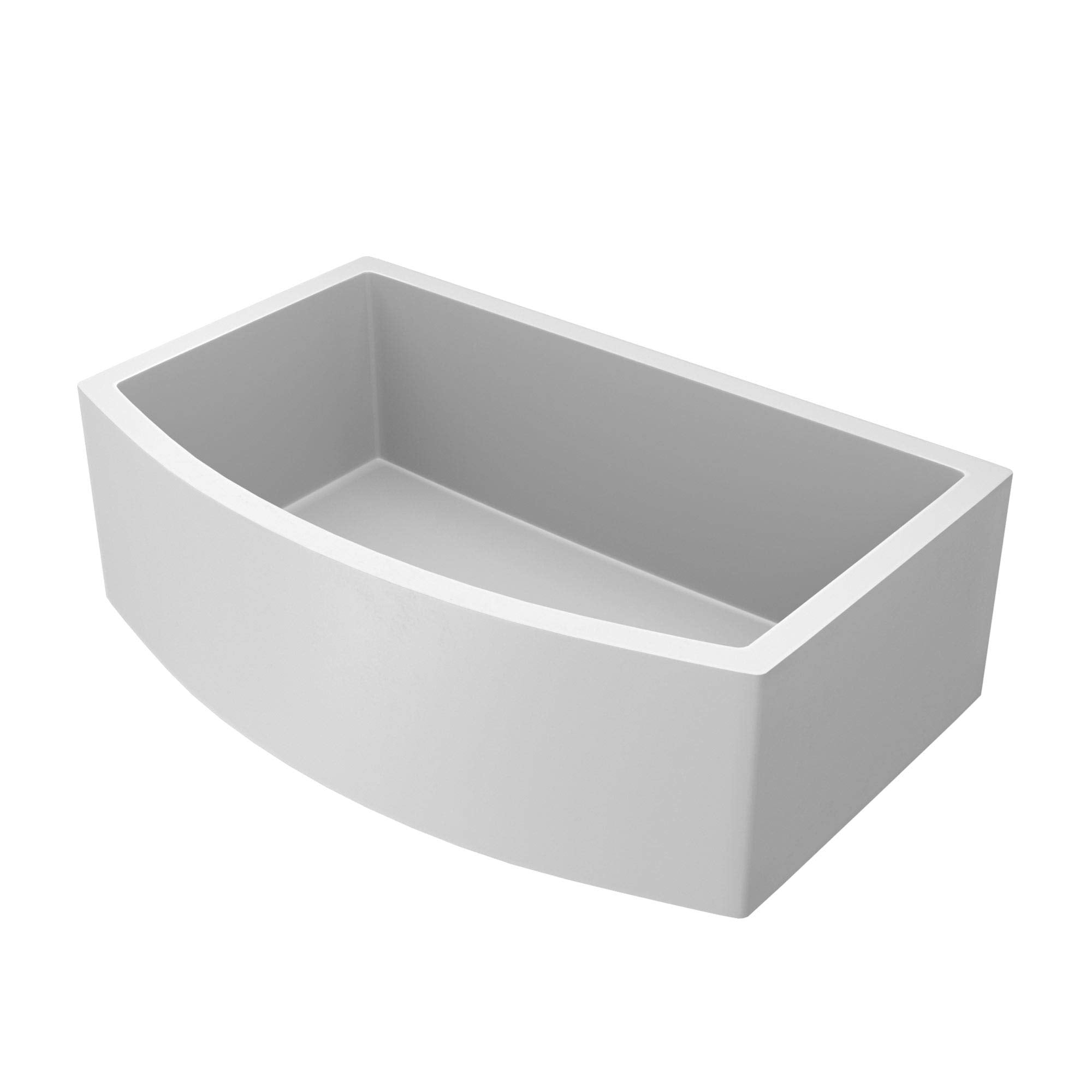 Pearl farmhouse kitchen sink with curved apron front and single rectangular basin.