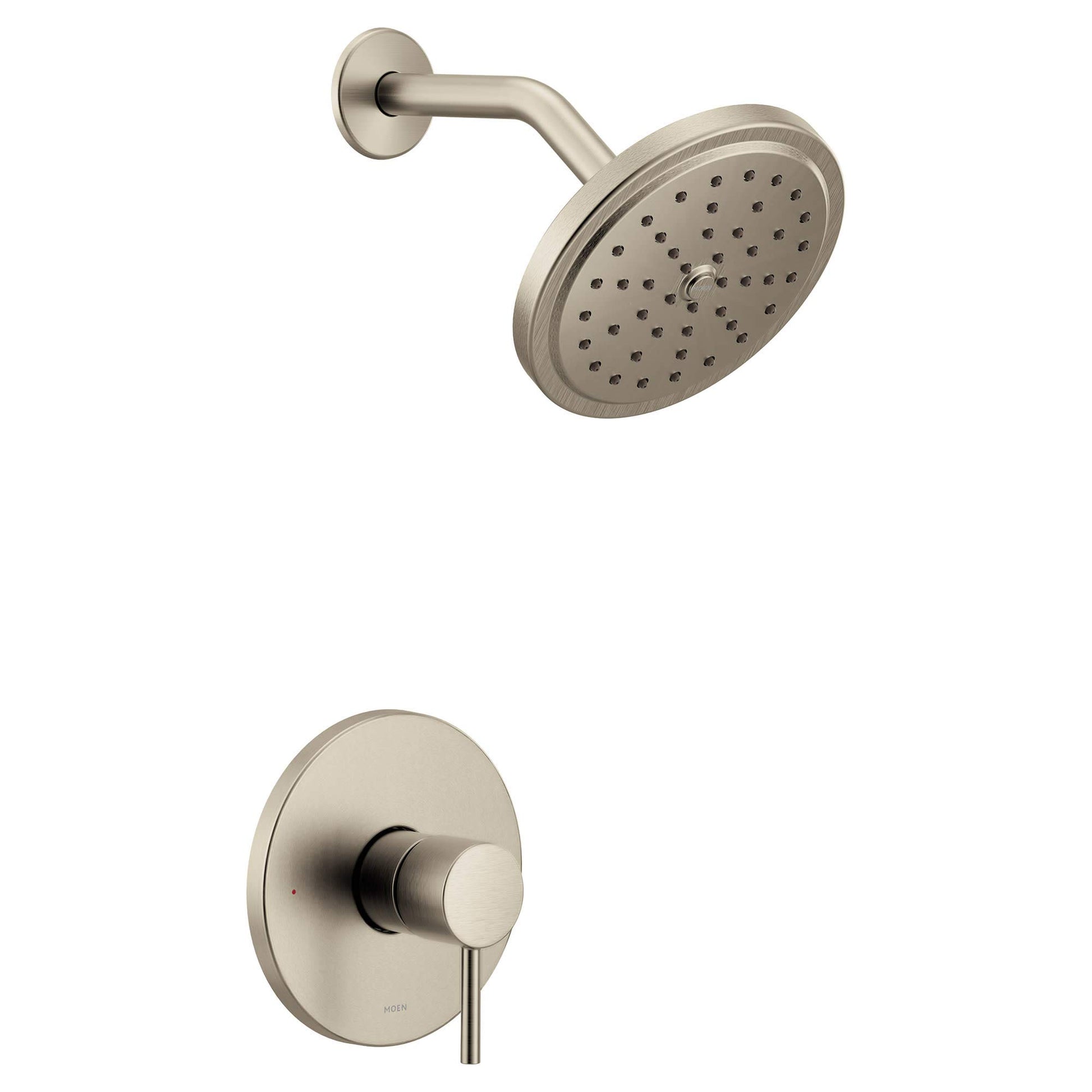 Brushed nickel shower trim kit with single handle lever control, round showerhead with spray holes, and curved arm.