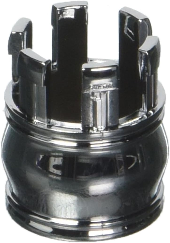 Chrome and black traditional end caps with curved tabs positioned around a circular base.