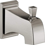 Stainless steel tub spout with curved body, pull-up diverter handle, and wall-mounted rectangular flange.