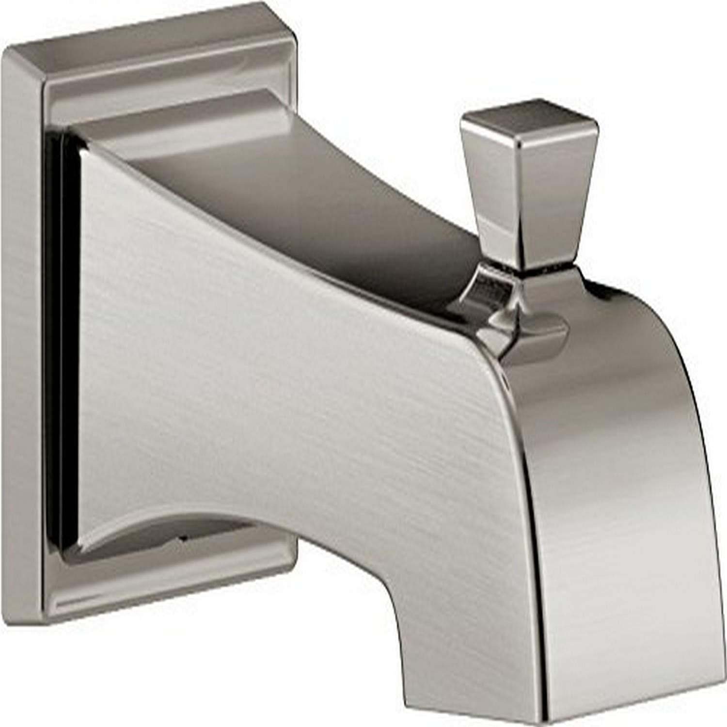 Stainless steel tub spout with curved body, pull-up diverter handle, and wall-mounted rectangular flange.