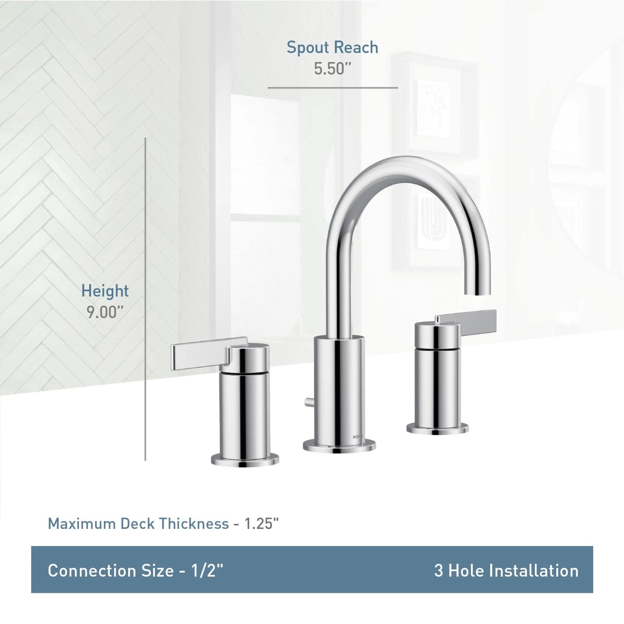 Widespread bathroom faucet trim kit with high arc spout, two handles, and chrome finish with specifications labeled.