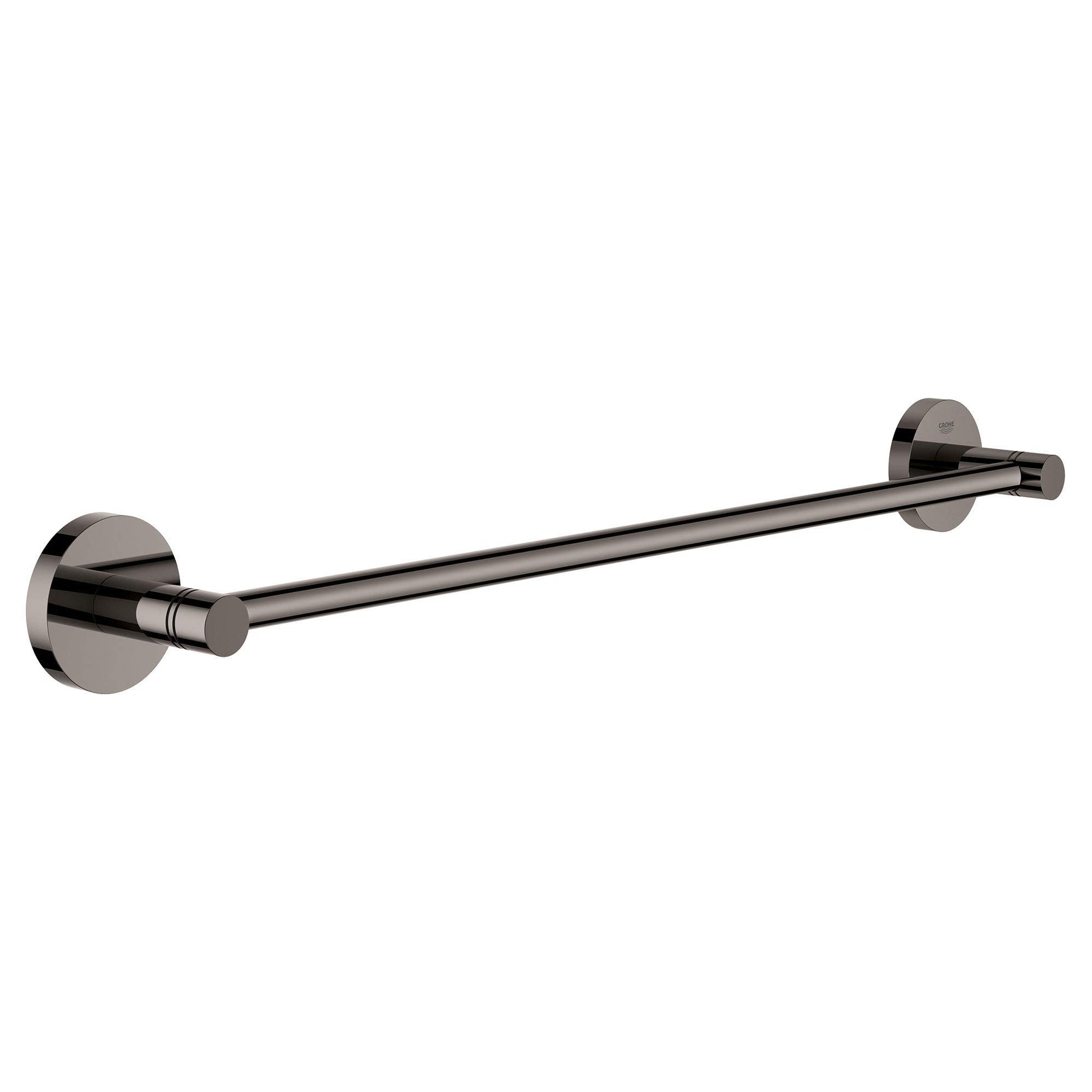 Dark graphite towel bar with circular wall mounts on each end, approximately 18 inches long.