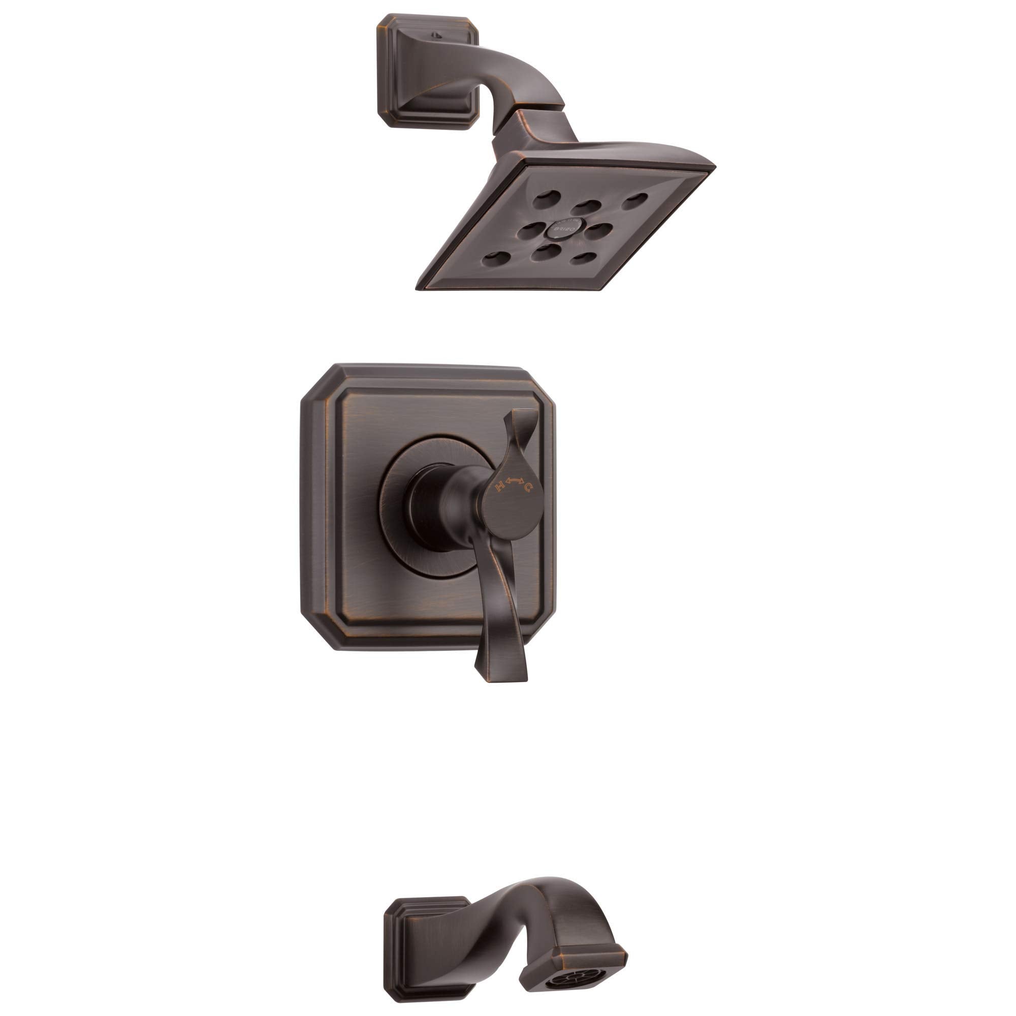 Bronze thermostatic tub and shower valve set with square showerhead, control handle, and curved tub spout.