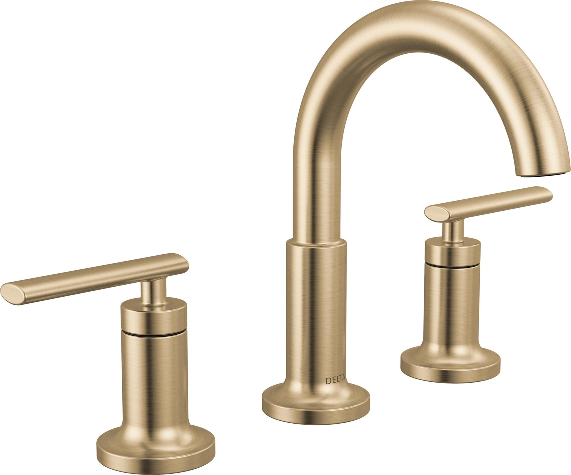 Champagne bronze widespread bathroom faucet with curved central spout and two lever handles on circular bases.
