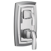 Chrome shower trim with two rectangular handles and nested square escutcheons for wall mounting.