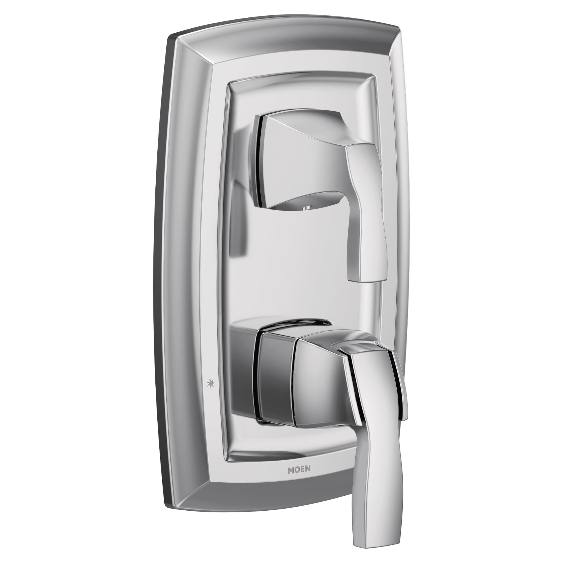 Chrome shower trim with two rectangular handles and nested square escutcheons for wall mounting.