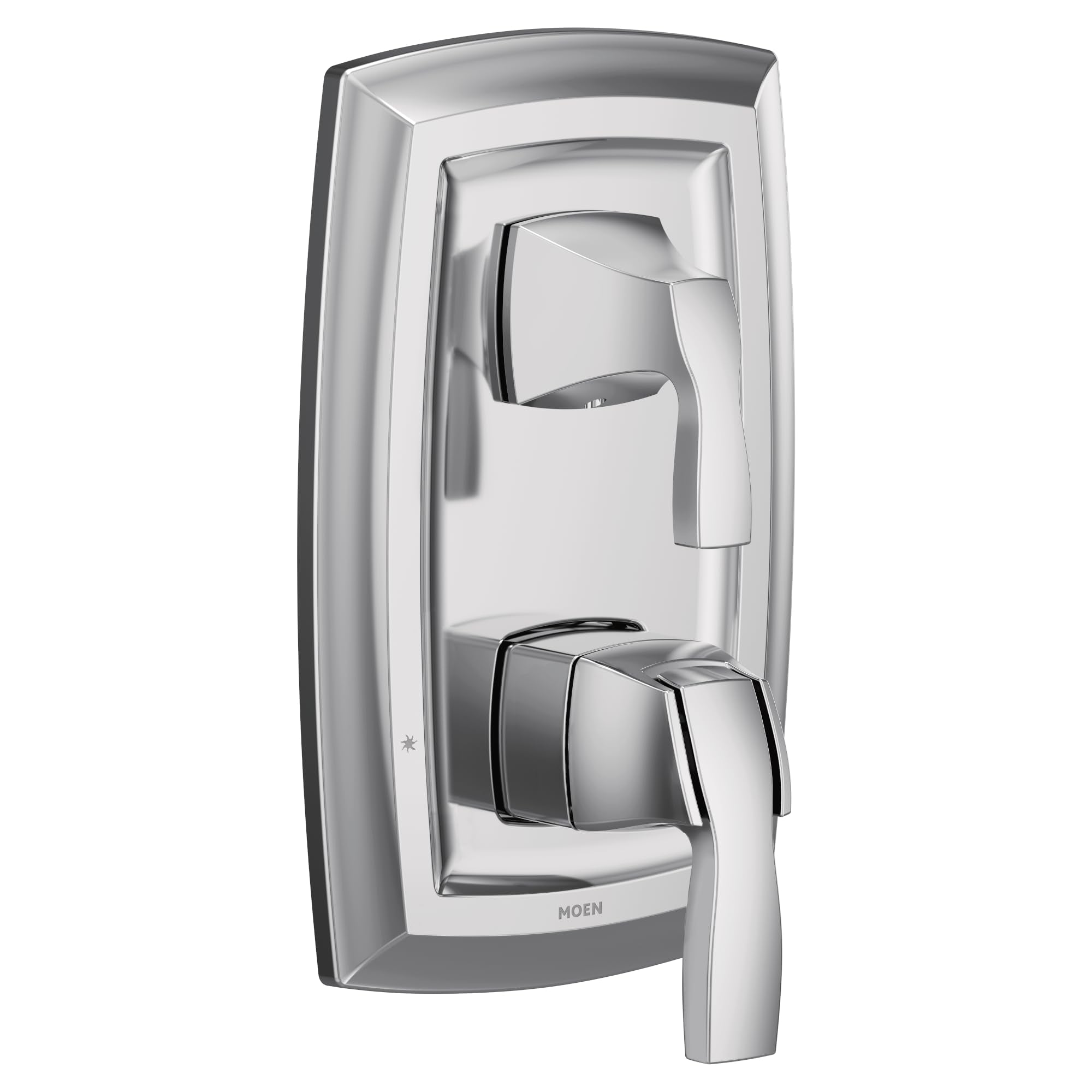 Chrome shower trim with two rectangular handles and nested square escutcheons for wall mounting.