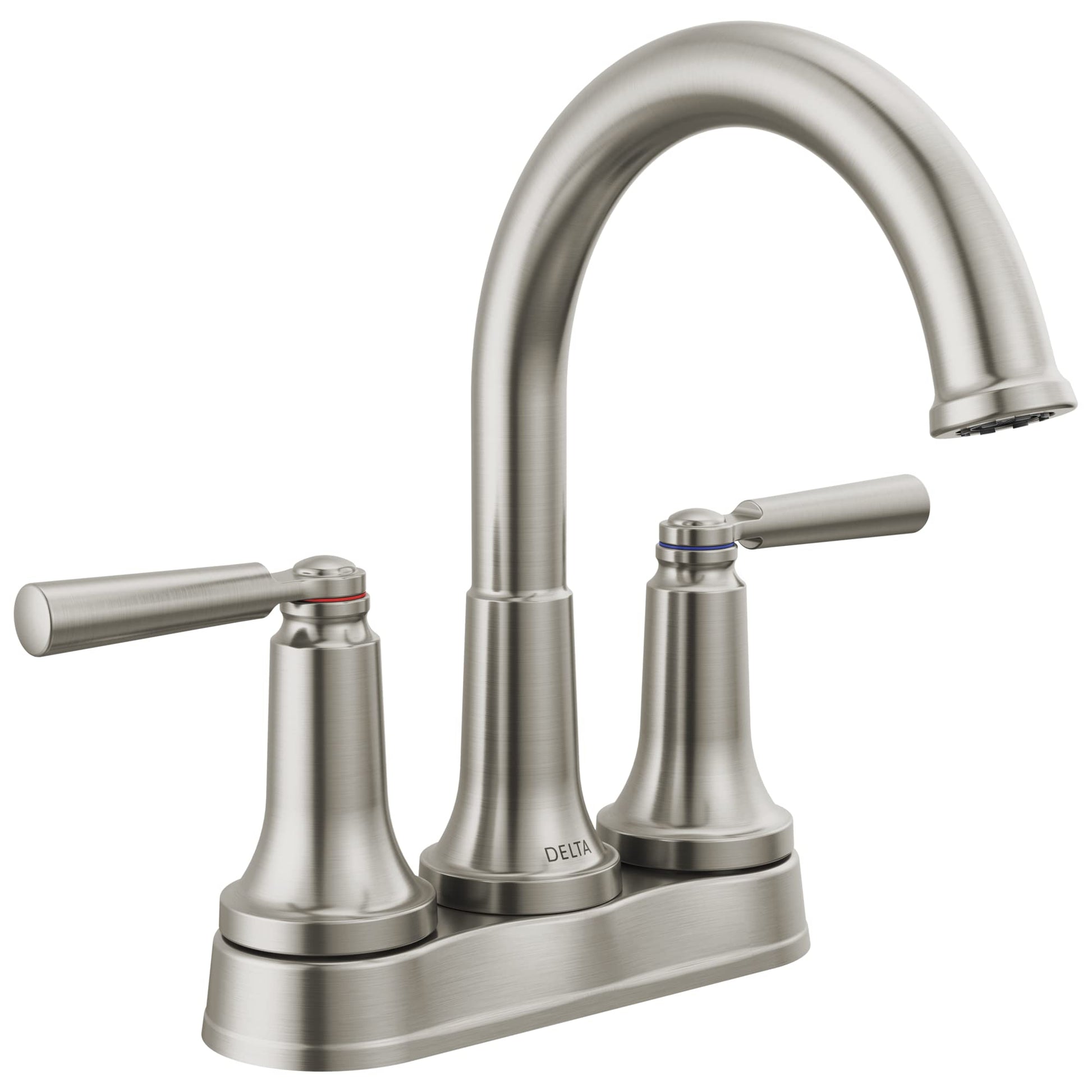 Chrome two-handle bathroom faucet with arched spout and lever handles on white background.