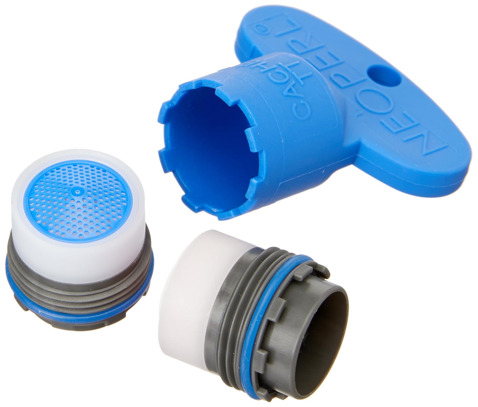 Three blue and white Grohe mousseur repair parts including aerator screen, wrench tool, and threaded cartridge assembly.