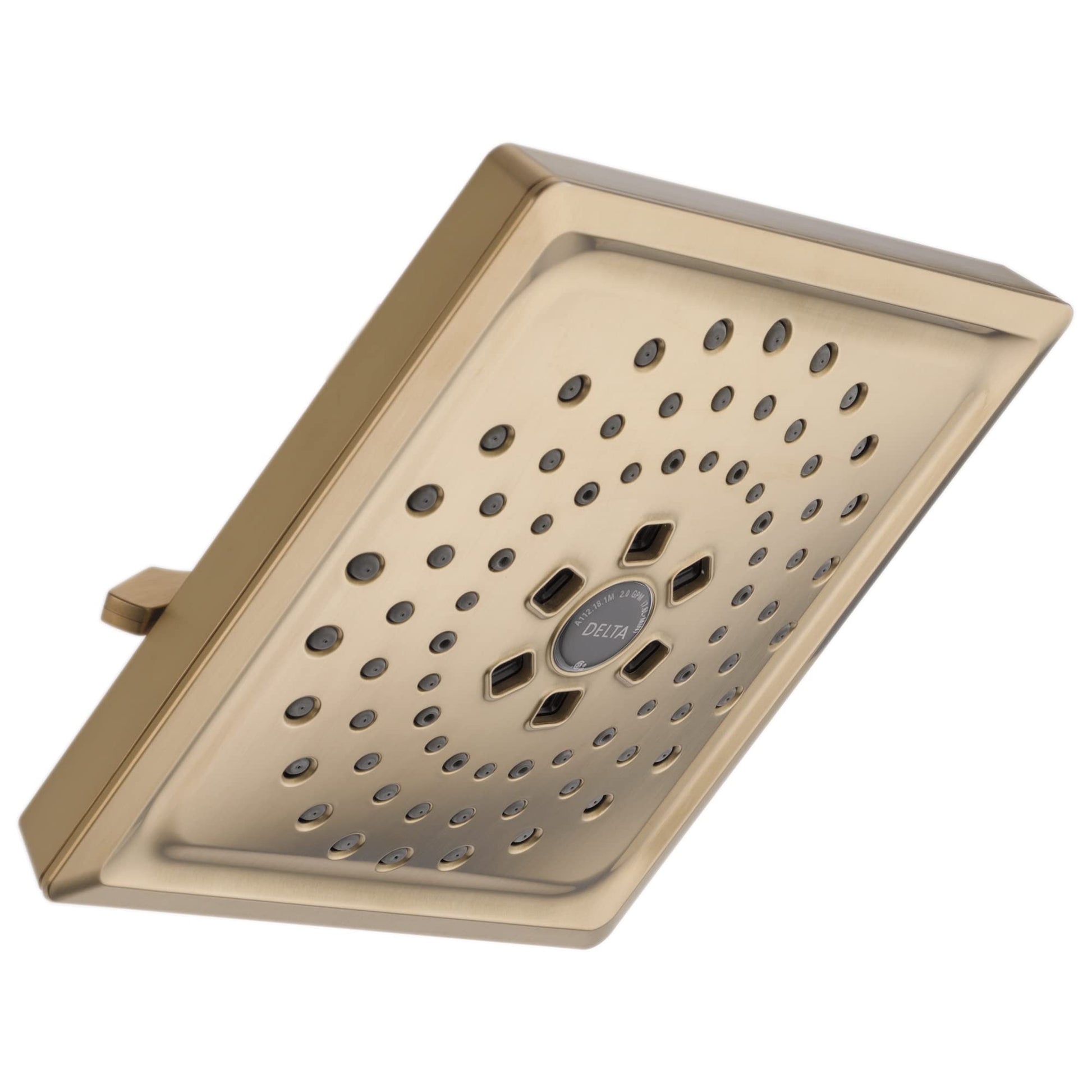 Square champagne bronze shower head with multiple spray holes and central Delta logo, mounted at angle.