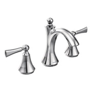 Chrome three-piece bathroom faucet with high arc spout and two lever handles with decorative bases.