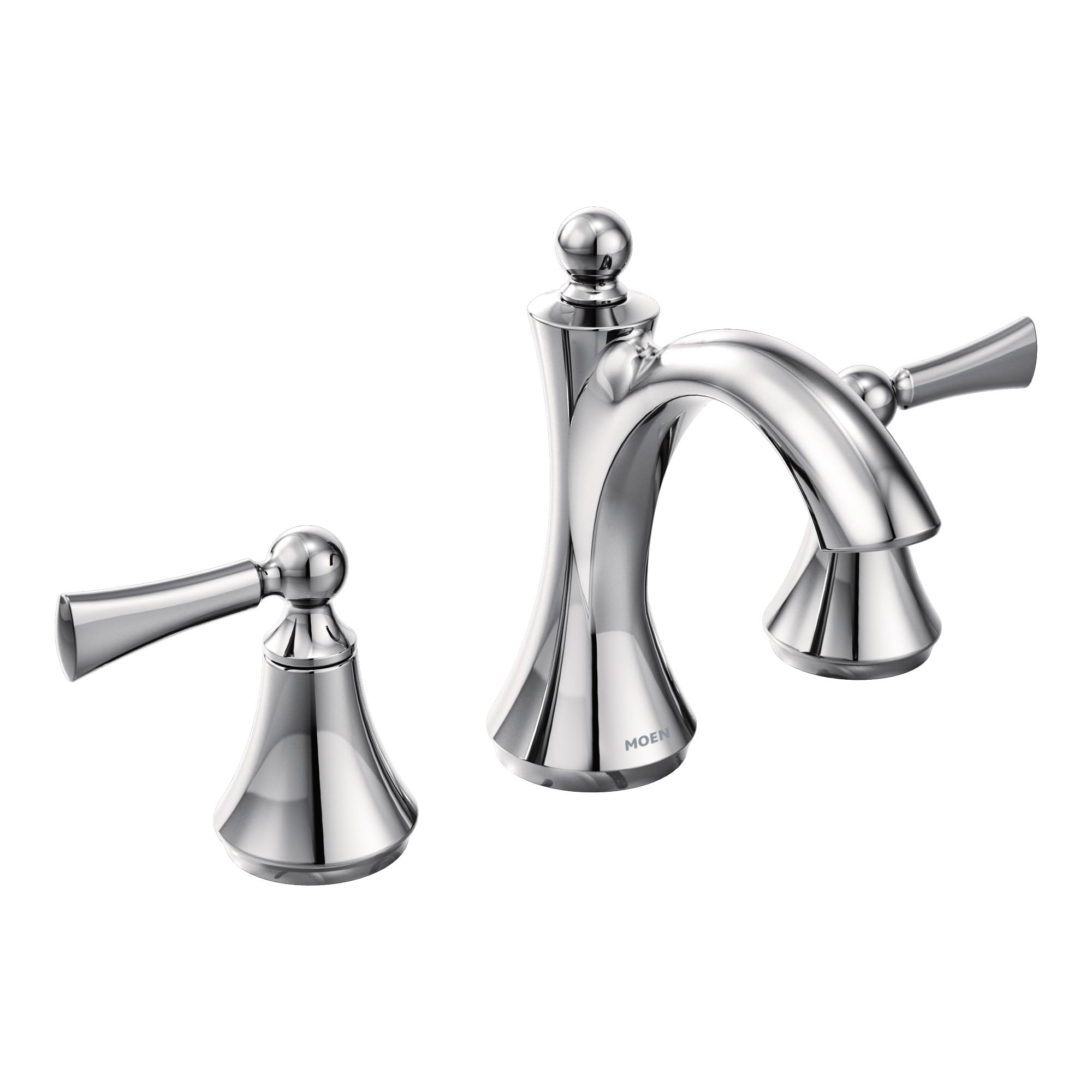 Chrome three-piece bathroom faucet with high arc spout and two lever handles with decorative bases.