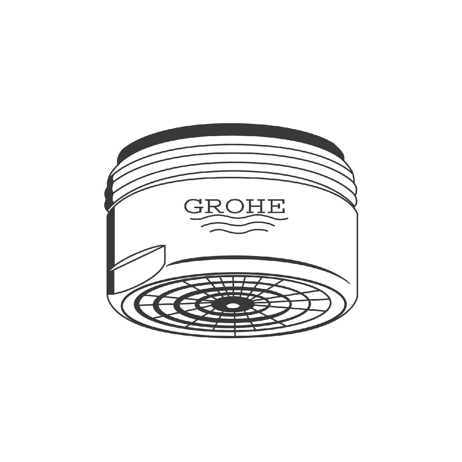 Grohe chrome flow control aerator with circular mesh screen and adjustment band.