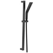 Matte black square slide bar with handheld shower head and adjustable hose attachment.