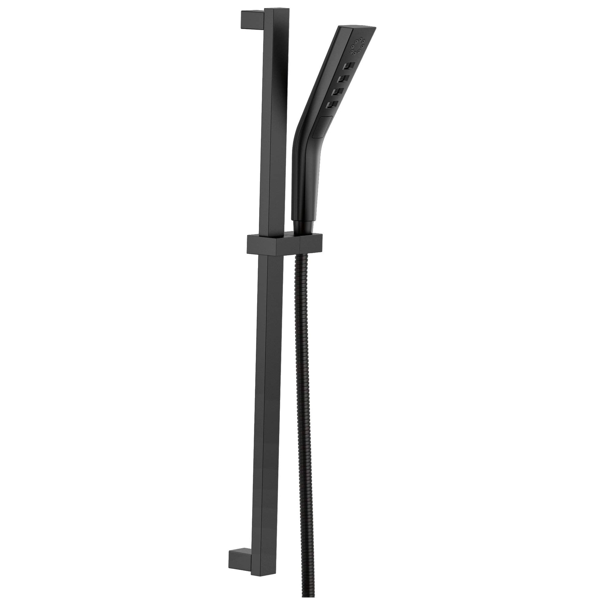 Matte black square slide bar with handheld shower head and adjustable hose attachment.