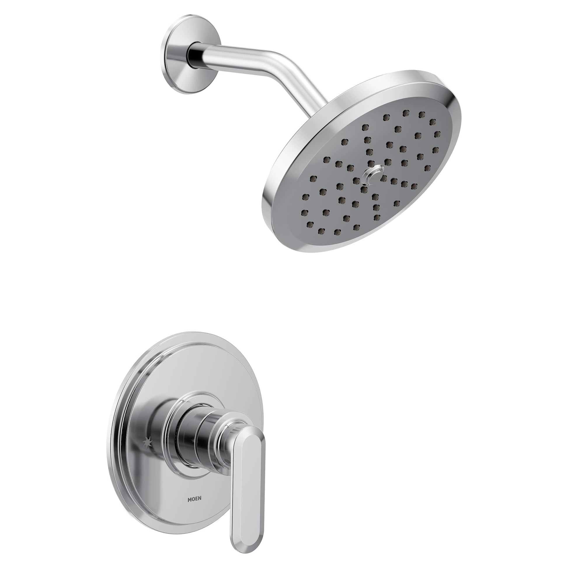 Chrome shower trim with wide round shower head and lever handle control valve.