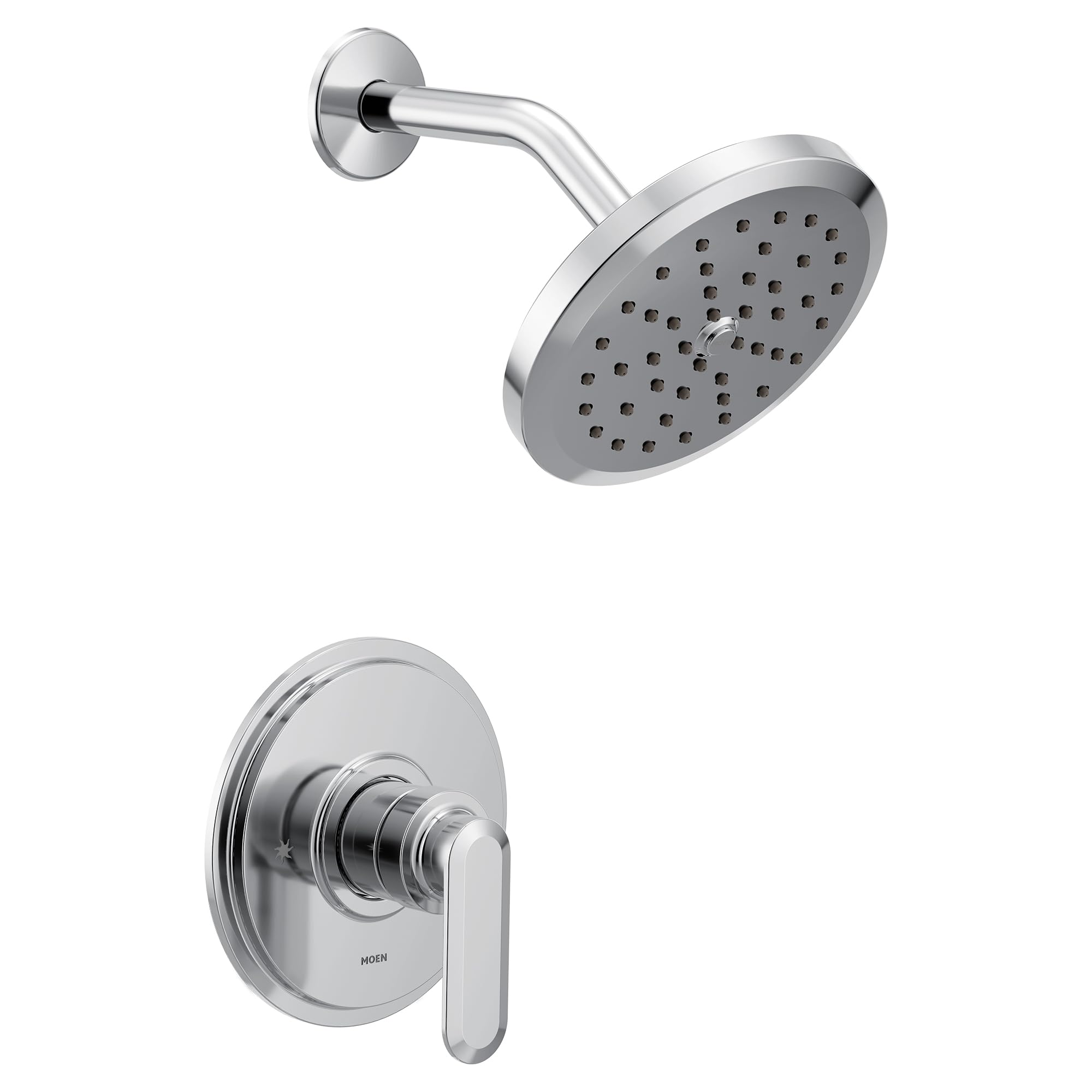 Chrome shower trim with wide round shower head and lever handle control valve.