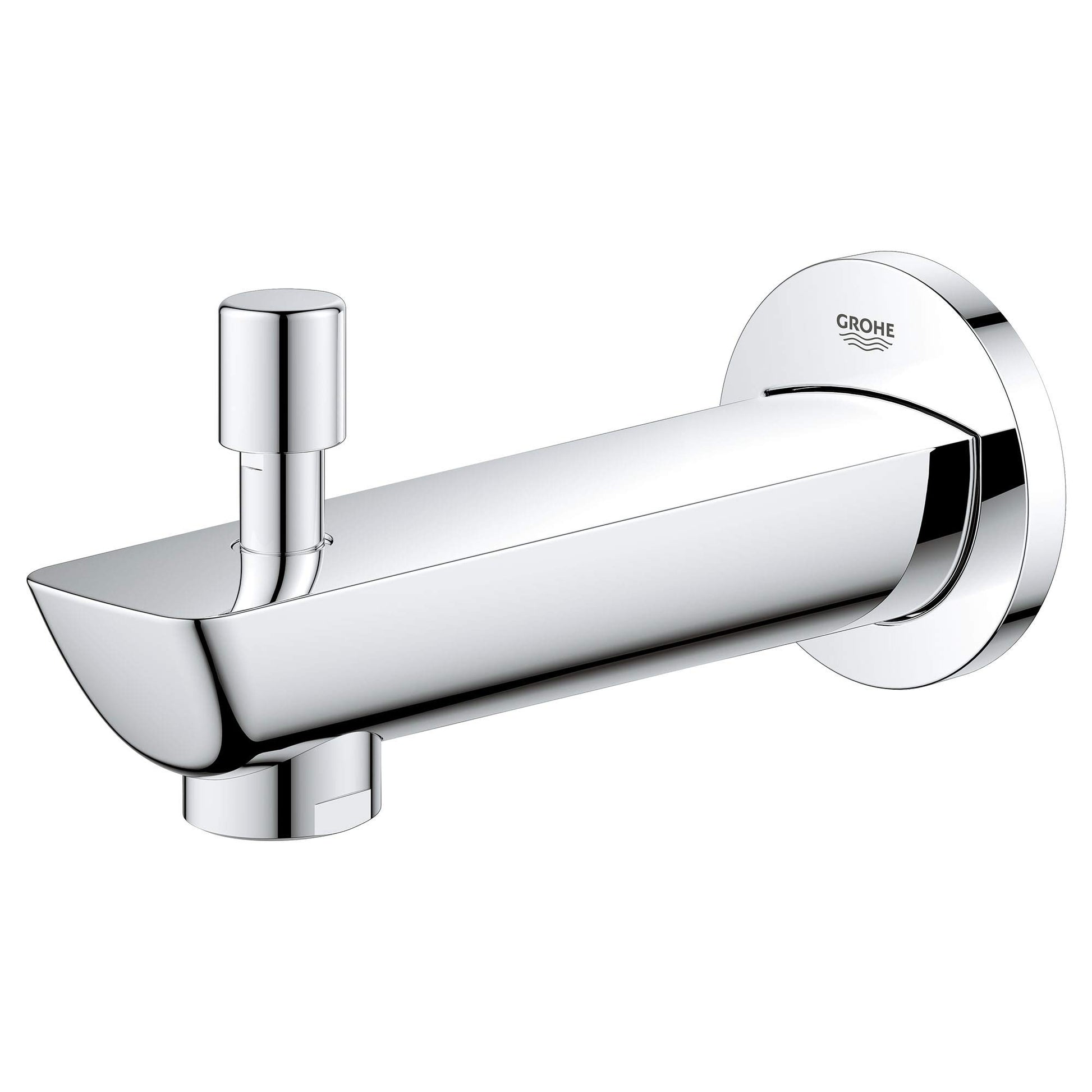 Chrome tub spout with diverter lever and wall-mounted circular flange, featuring cylindrical spout and control handle.