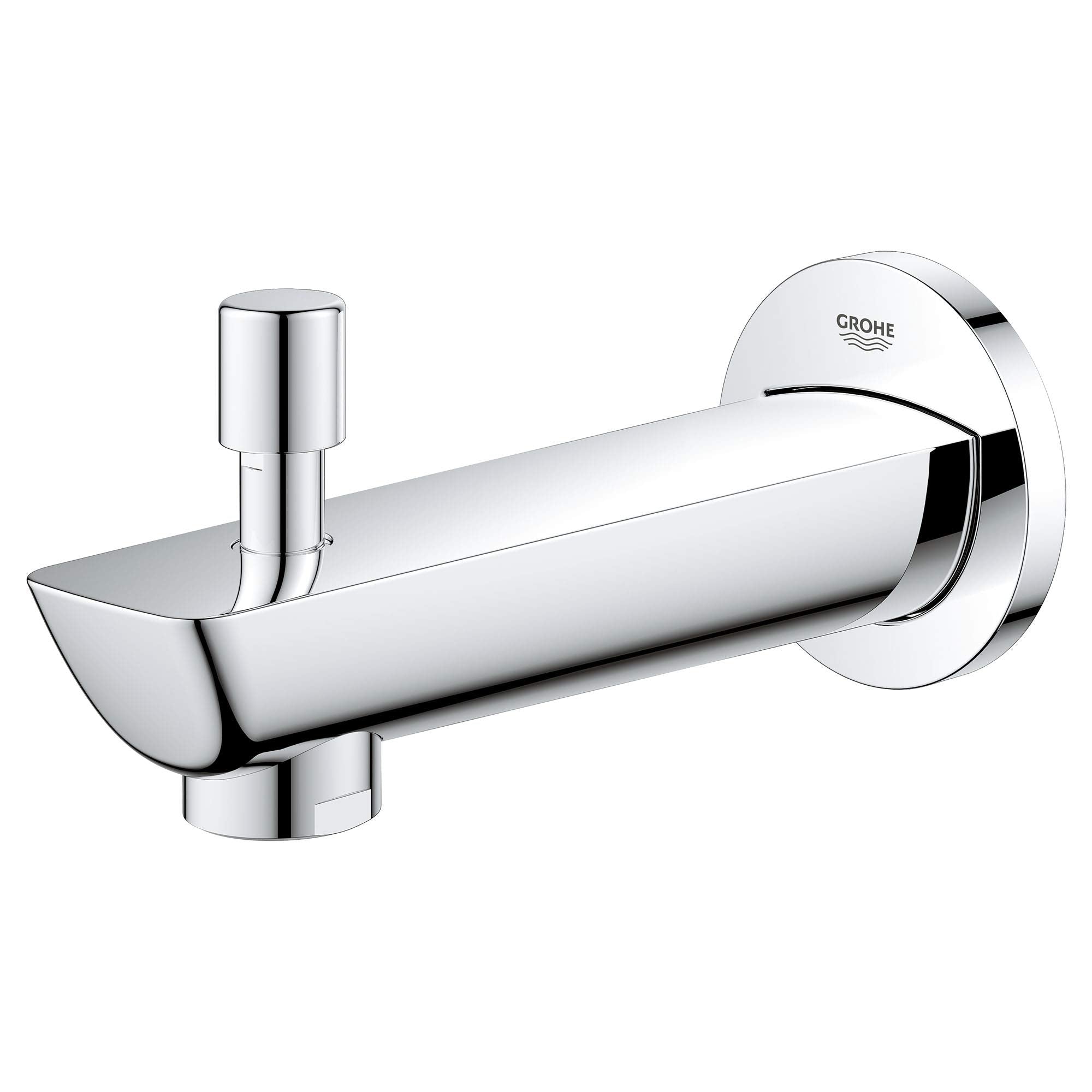Chrome tub spout with diverter lever and wall-mounted circular flange, featuring cylindrical spout and control handle.