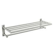 Brushed nickel wall-mounted towel shelf with horizontal bar, 24 inches wide with multiple rails for storage.
