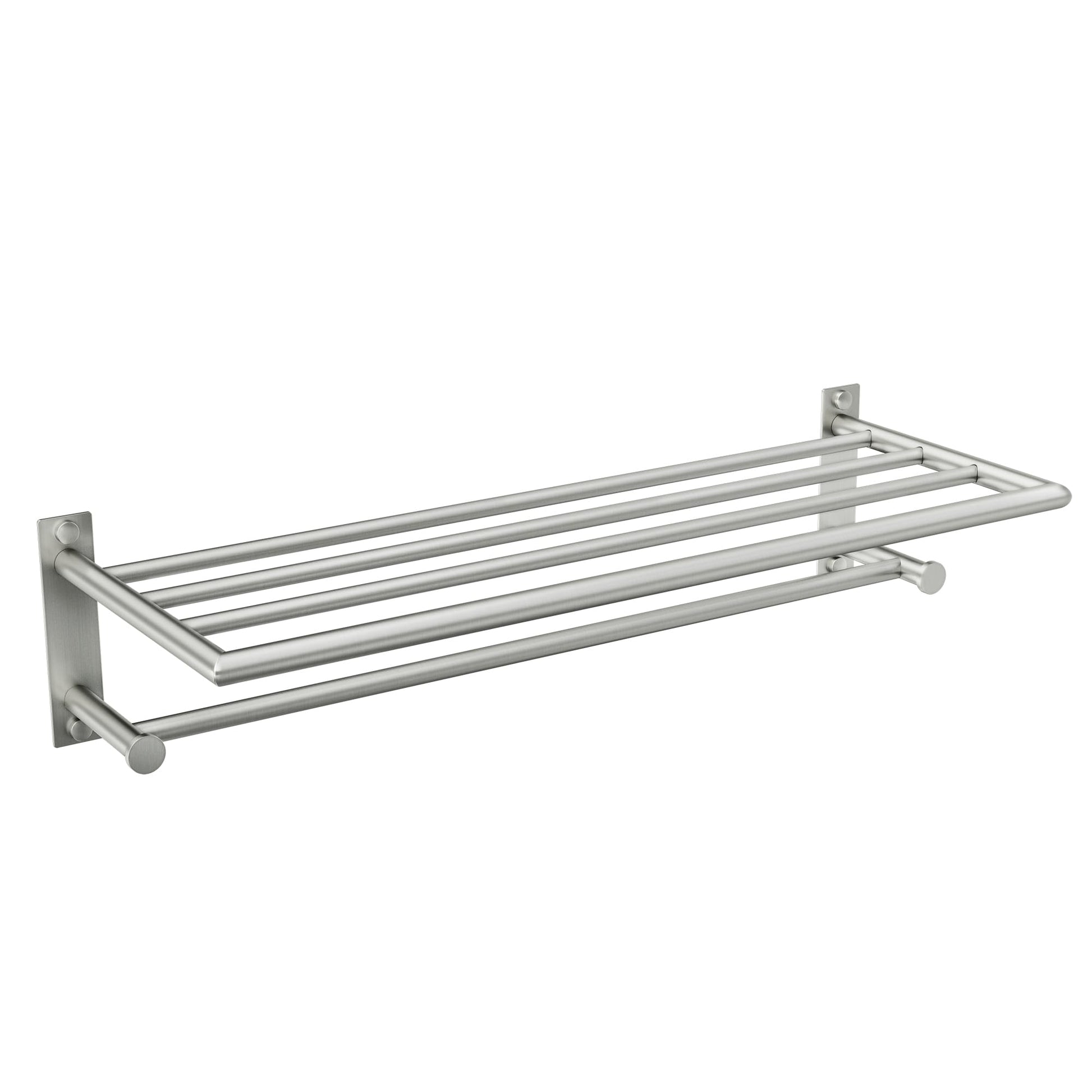 Brushed nickel wall-mounted towel shelf with horizontal bar, 24 inches wide with multiple rails for storage.