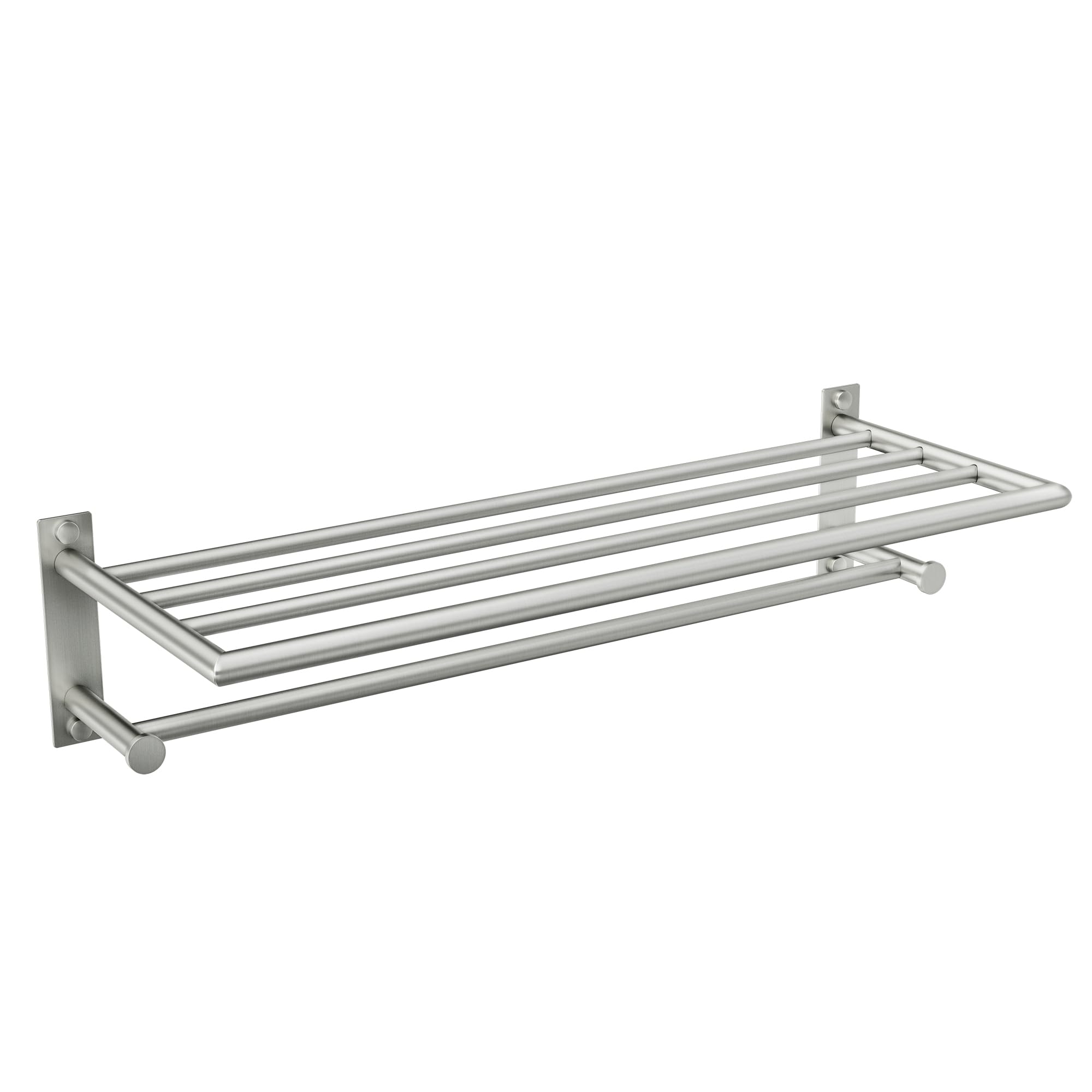 Brushed nickel wall-mounted towel shelf with horizontal bar, 24 inches wide with multiple rails for storage.
