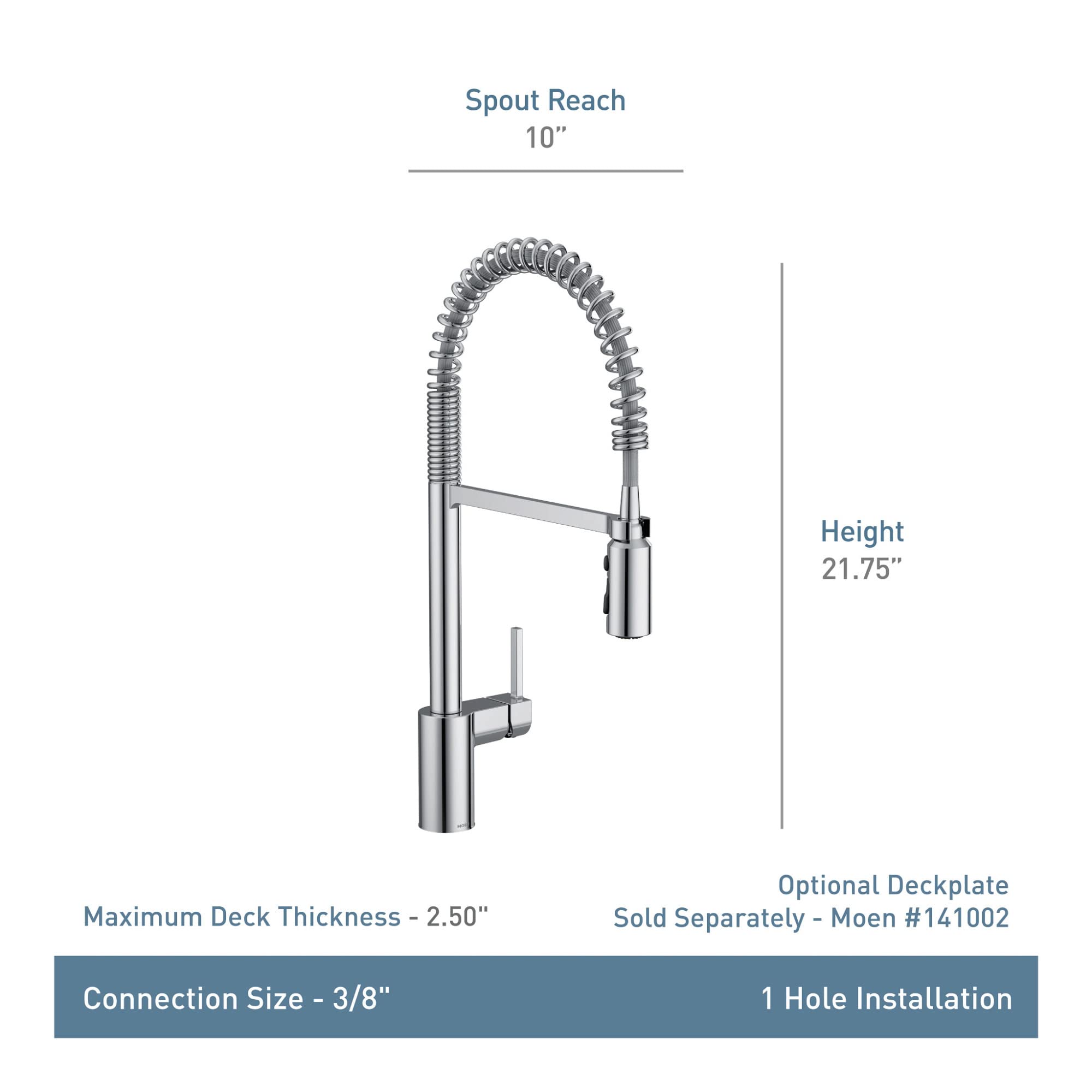 Black stainless steel pulldown kitchen faucet with coiled spring spout, single hole installation, 21.75" height, 10" reach.