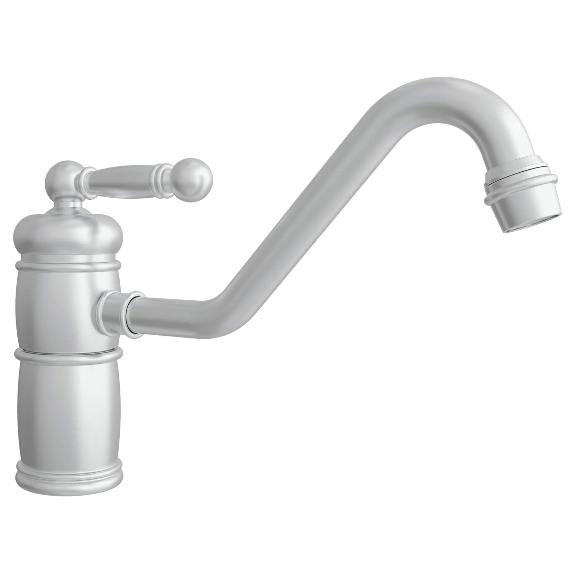 Satin nickel single-handle kitchen faucet with curved spout and ball handle on cylindrical base.