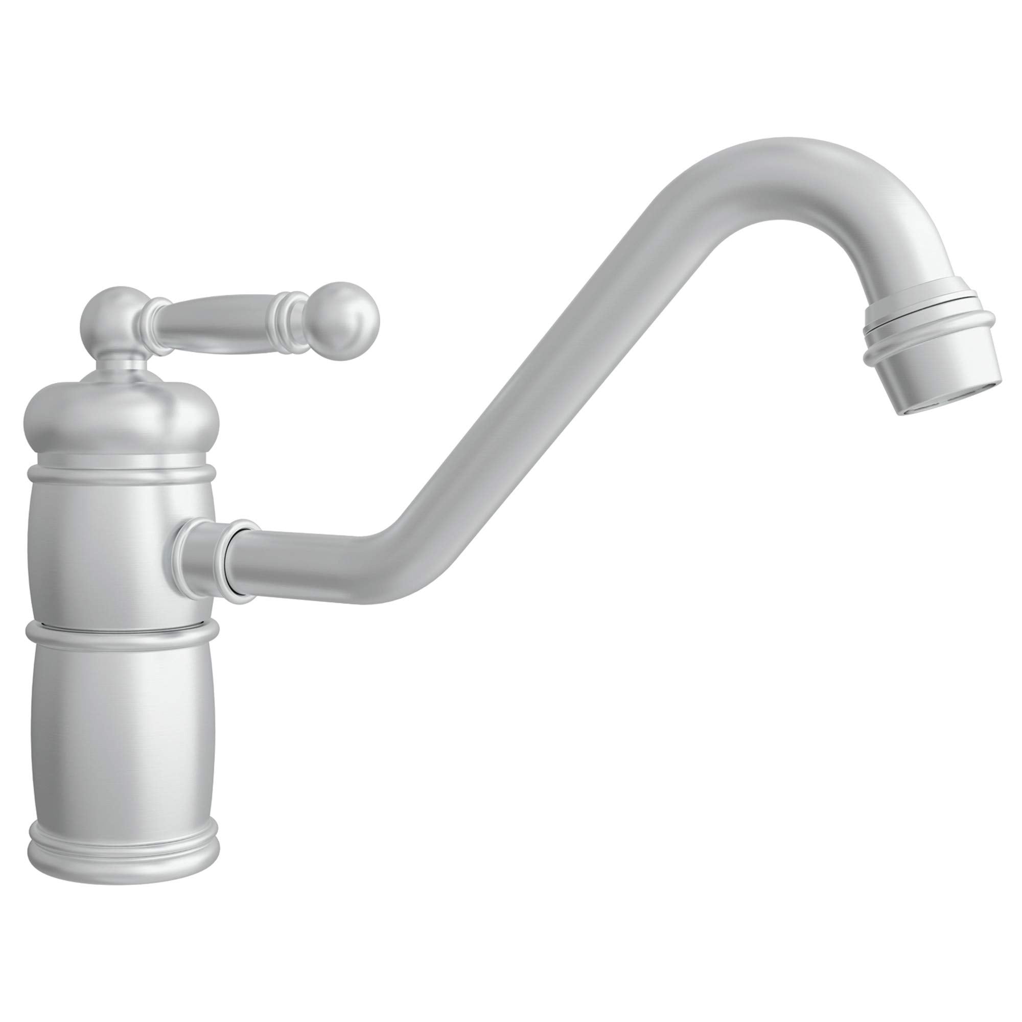 Satin nickel single-handle kitchen faucet with curved spout and ball handle on cylindrical base.
