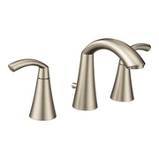 Brushed nickel widespread bathroom faucet with high arc center spout and two curved side handles.