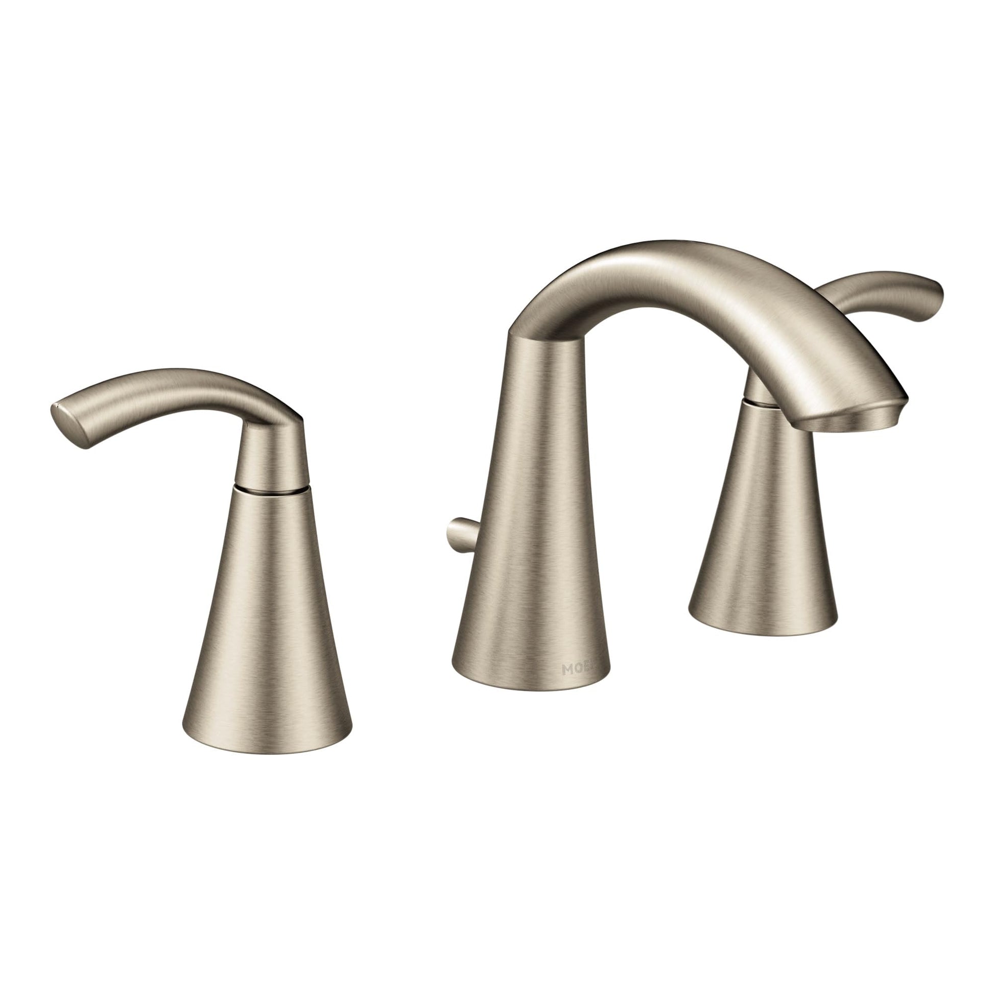Brushed nickel widespread bathroom faucet with high arc center spout and two curved side handles.