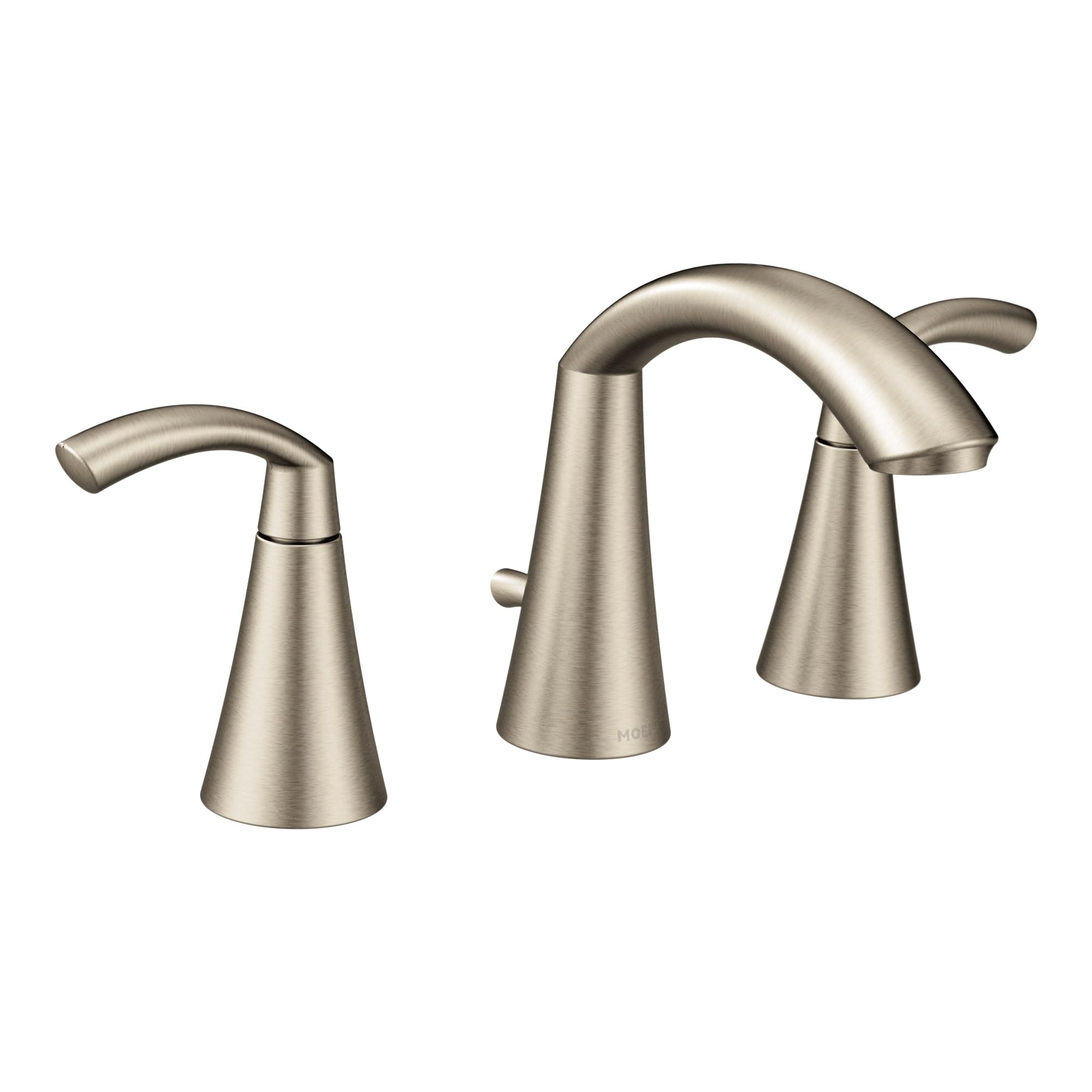 Brushed nickel widespread bathroom faucet with high arc center spout and two curved side handles.