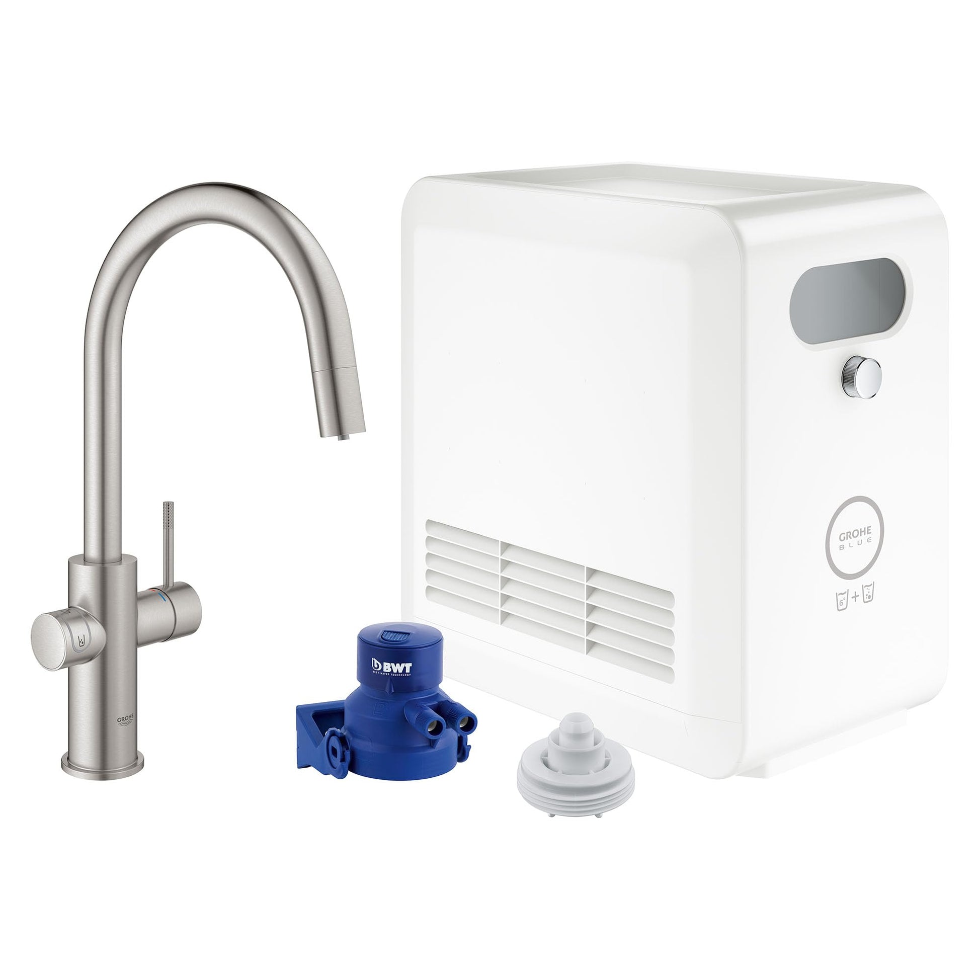 Stainless steel pull-down kitchen faucet with white filtration unit, blue water cartridge, and white aerator.