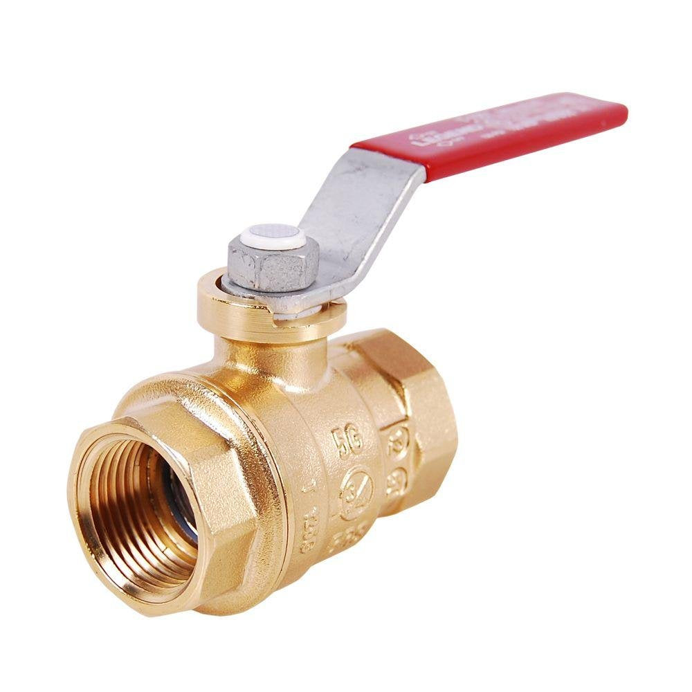 Brass ball valve with red lever handle and female sweat connections on both ends.