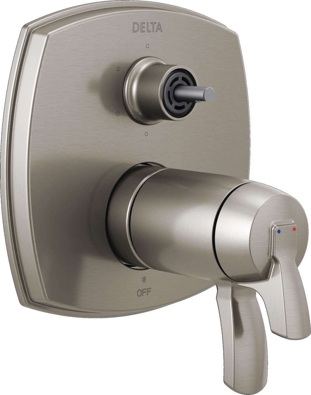 Stainless steel Delta thermostatic shower valve trim with diverter control and lever handle.