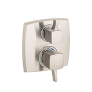 Square brushed nickel thermostatic shower trim with upper volume control lever and lower temperature dial marked to 100 degre