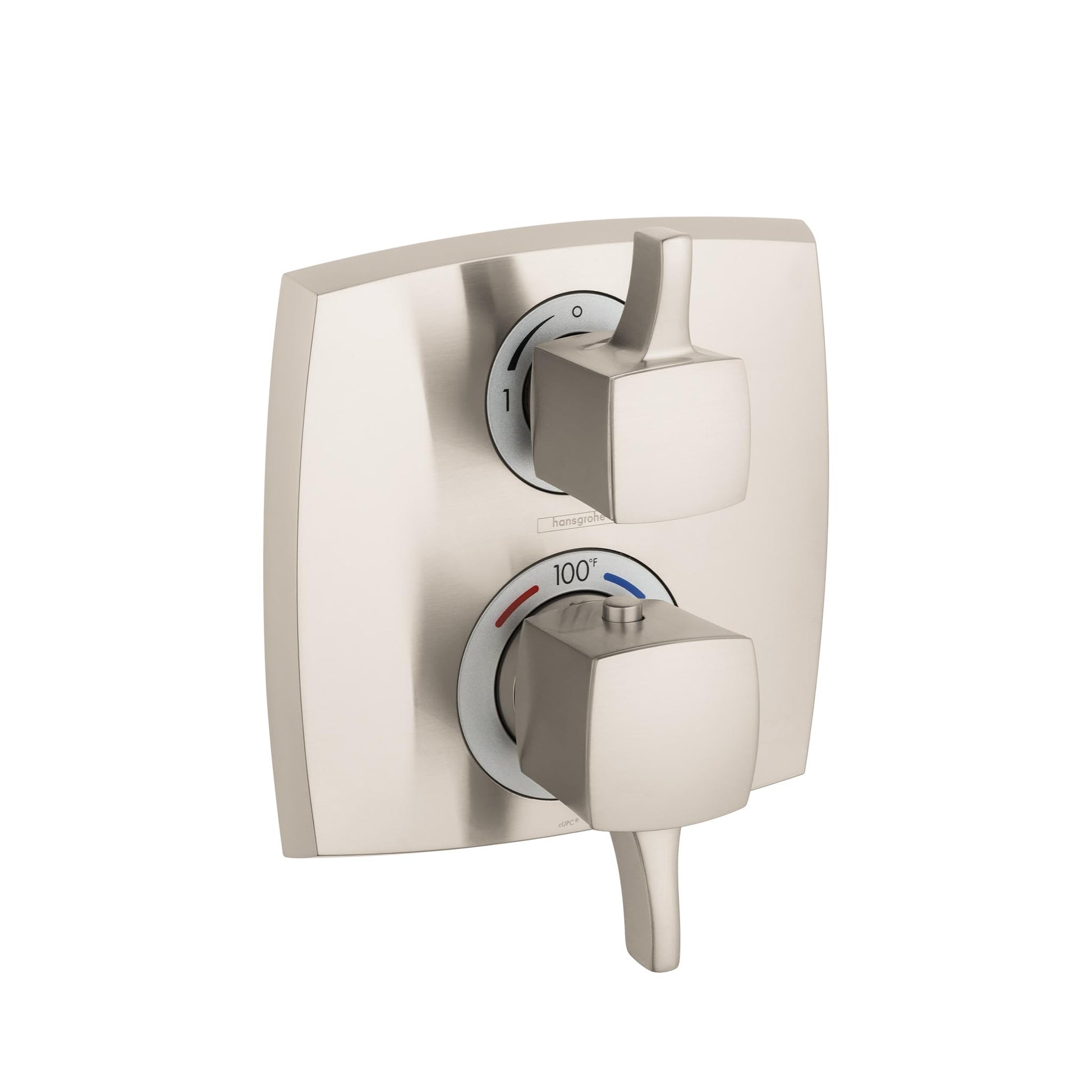 Square brushed nickel thermostatic shower trim with upper volume control lever and lower temperature dial marked to 100 degre