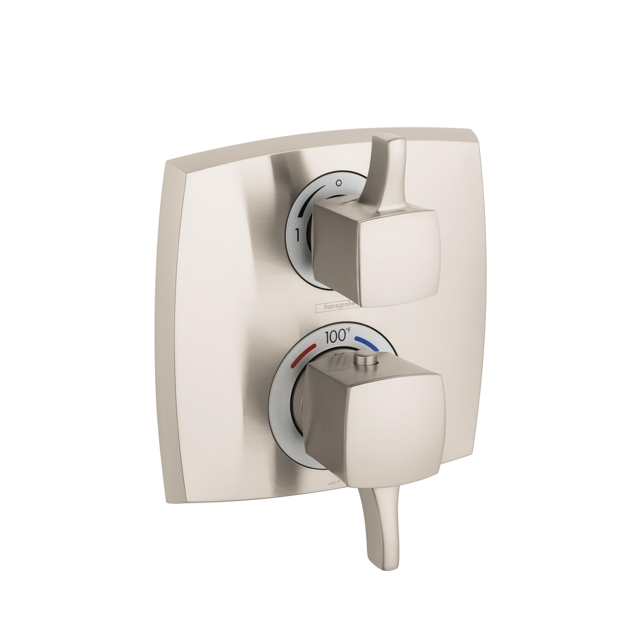 Square brushed nickel thermostatic shower trim with upper volume control lever and lower temperature dial marked to 100 degre