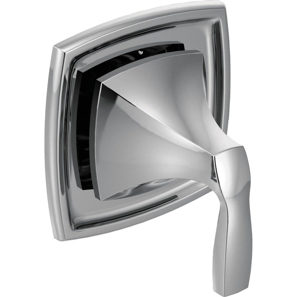 Chrome transfer valve trim with squared escutcheon plate and single lever handle in Voss design.