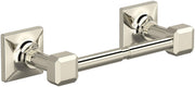 Polished nickel toilet paper holder with square backplates and cylindrical rod mounted horizontally.