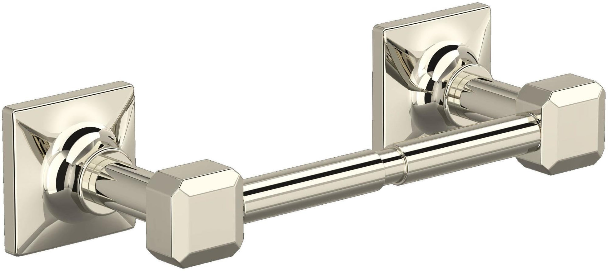Polished nickel toilet paper holder with square backplates and cylindrical rod mounted horizontally.